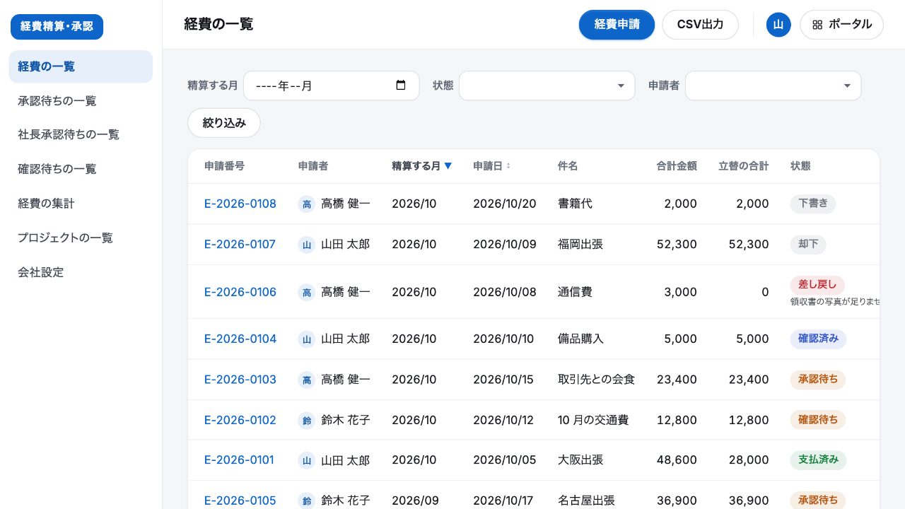 開発環境でつくった、経費の精算のアプリの画面(経費の一覧)